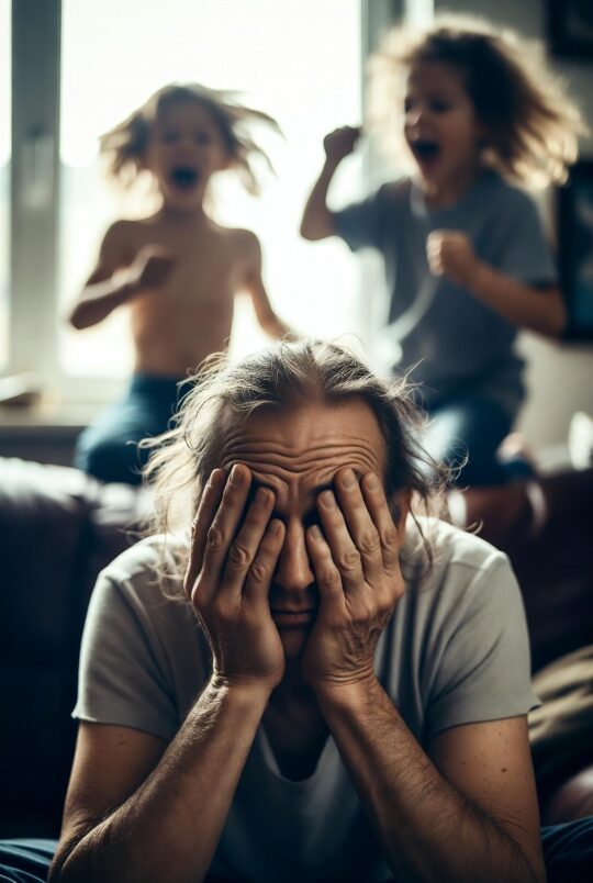 Realistische foto van een uitgeputte Nederlandse ouder met krijsende kinderen en rommel om zich heen, intiem en herkenbaar