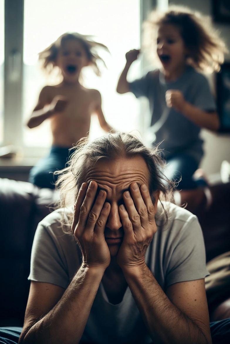 Realistische foto van een uitgeputte Nederlandse ouder met krijsende kinderen en rommel om zich heen, intiem en herkenbaar