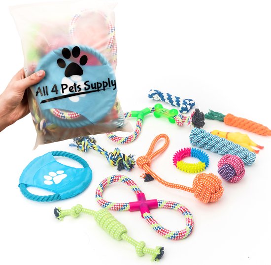 All 4 Pets Supply® Honden speelgoed set geschikt voor puppy's t/m middelgrote honden - 12 stuks - Hondenspeeltjes - Intelligentie - Touw - Flostouw - Bijtring - Bal
