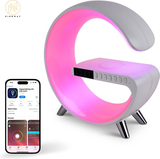 Ninoway - Wake Up Light - Met draadloze oplader - Digitale Wekker - Lichtwekker - Oplader - Radio - Nachtlampje - Leeslamp - Bluetooth Speaker - Wireless charger - Met App