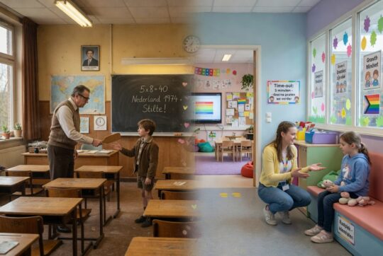Splitbeeld: straffen op school vroeger (jaren 70) versus nu (2026)