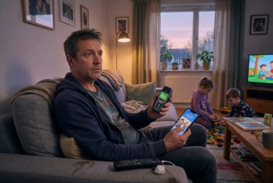 Vader met oude Nokia 3310 en nieuwe iPhone – symbool voor hoe telefoons ons leven hebben veranderd
