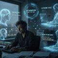 Vermoeide man omringd door AI-hologrammen die alles voor hem doen, symbool voor de paradox van slimme technologie in 2026