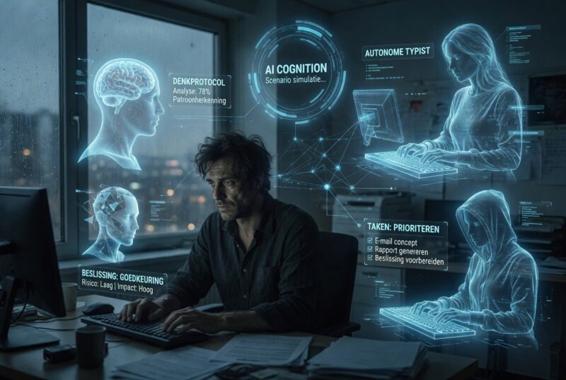 Vermoeide man omringd door AI-hologrammen die alles voor hem doen, symbool voor de paradox van slimme technologie in 2026