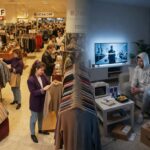 Splitbeeld: vroeger winkelen in de Bijenkorf versus nu online shoppen op de bank