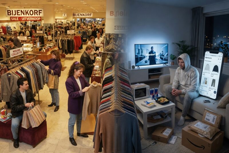 Splitbeeld: vroeger winkelen in de Bijenkorf versus nu online shoppen op de bank
