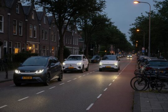 Moderne Chinese elektrische auto's rijden door een Nederlandse straat bij avondlicht