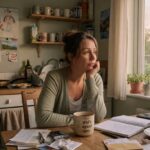 Vrouw in gedachten verzonken aan de keukentafel – symbool voor de innerlijke strijd over fulltime werken terwijl het niet nodig is