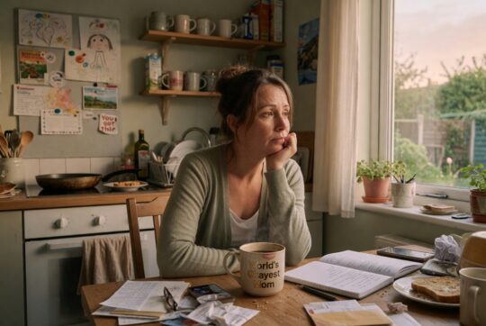 Vrouw in gedachten verzonken aan de keukentafel – symbool voor de innerlijke strijd over fulltime werken terwijl het niet nodig is