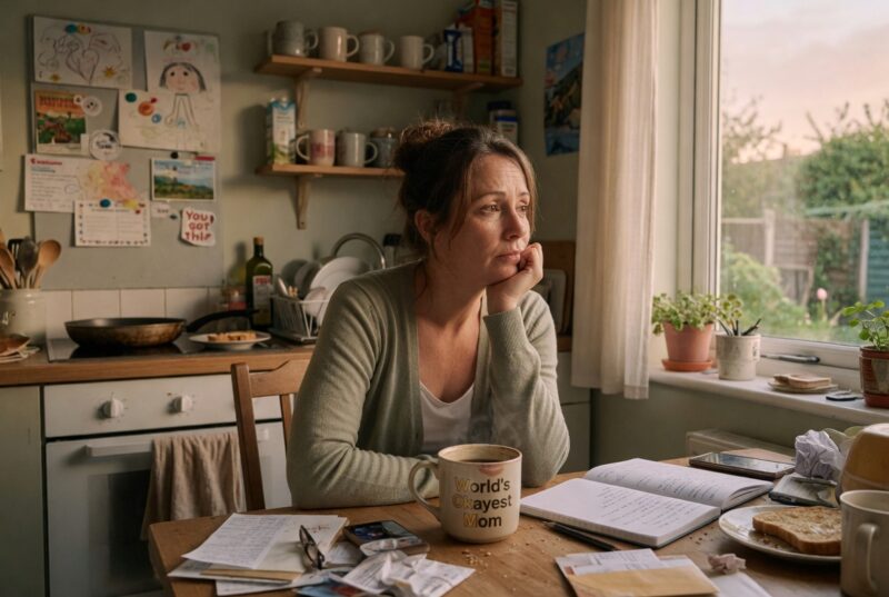 Vrouw in gedachten verzonken aan de keukentafel – symbool voor de innerlijke strijd over fulltime werken terwijl het niet nodig is