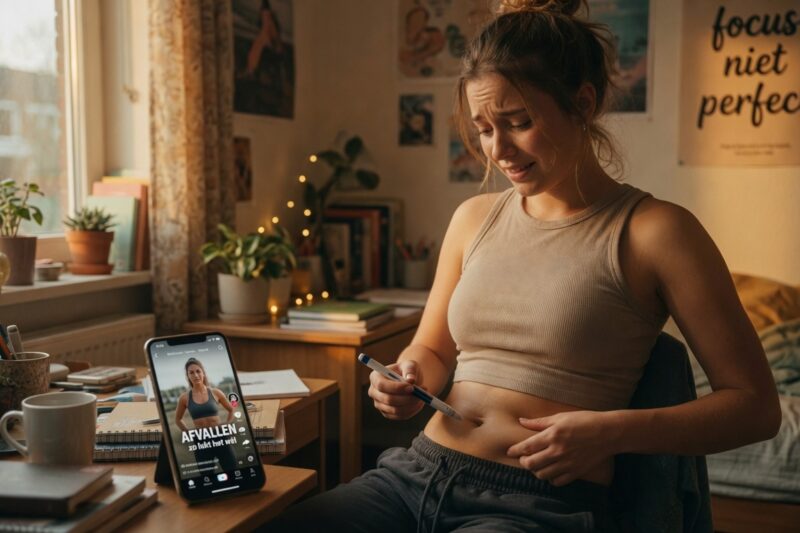 Jonge vrouw bereidt een afslankprik voor in haar kamer terwijl ze naar een TikTok-filmpje over afvallen kijkt