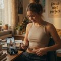 Jonge vrouw zet een afslankprik in haar kamer met een TikTok-filmpje over afvallen op haar telefoon