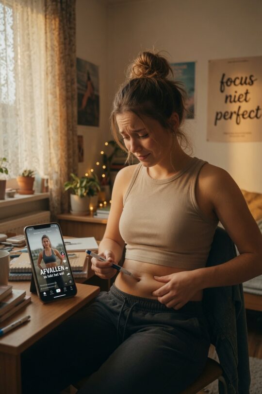 Jonge vrouw zet een afslankprik in haar kamer met een TikTok-filmpje over afvallen op haar telefoon
