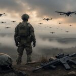 Soldaat met rug naar camera observeert zwerm drones aan de horizon; lege helm en geweer op de voorgrond in mistige fotorealistische scène