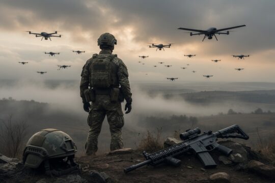 Soldaat met rug naar camera observeert zwerm drones aan de horizon; lege helm en geweer op de voorgrond in mistige fotorealistische scène