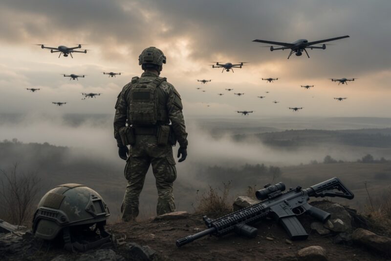 Soldaat met rug naar camera observeert zwerm drones aan de horizon; lege helm en geweer op de voorgrond in mistige fotorealistische scène
