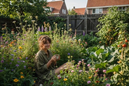 Jonge vrouw zit relaxed tussen een chaotische wilde tuin vol bloemen en planten die vrij door elkaar groeien in een Nederlandse achtertuin – chaos gardening 2026