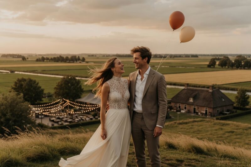 Modern Nederlands bruidspaar op een heuvel tijdens hun trouwdag 2026, lachend met ballonnen die wegdrijven – symbool voor romantiek en de realiteit van het huwelijk.