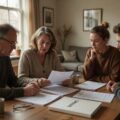 Nederlandse familie bespreekt erfbelasting en nalatenschap aan de keukentafel met documenten en rekenmachine