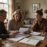 Nederlandse familie bespreekt erfbelasting en nalatenschap aan de keukentafel met documenten en rekenmachine