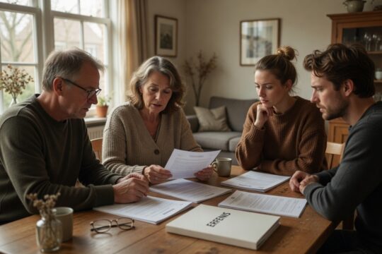 Nederlandse familie bespreekt erfbelasting en nalatenschap aan de keukentafel met documenten en rekenmachine