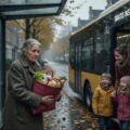 Kinderen stappen vrolijk gratis in de bus terwijl een ouder stel op de achtergrond betaalt voor het OV, illustratie van de nieuwe regeling 2027 waarbij kinderen gratis reizen maar de 65-pluskorting verdwijnt.