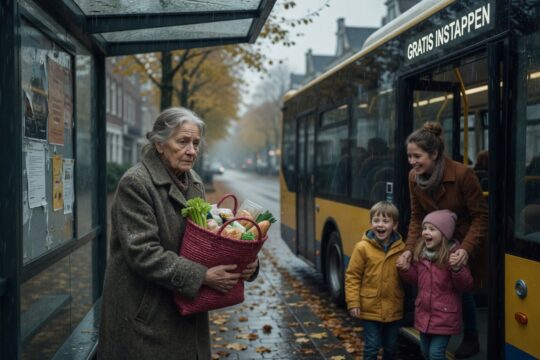 Kinderen stappen vrolijk gratis in de bus terwijl een ouder stel op de achtergrond betaalt voor het OV, illustratie van de nieuwe regeling 2027 waarbij kinderen gratis reizen maar de 65-pluskorting verdwijnt.