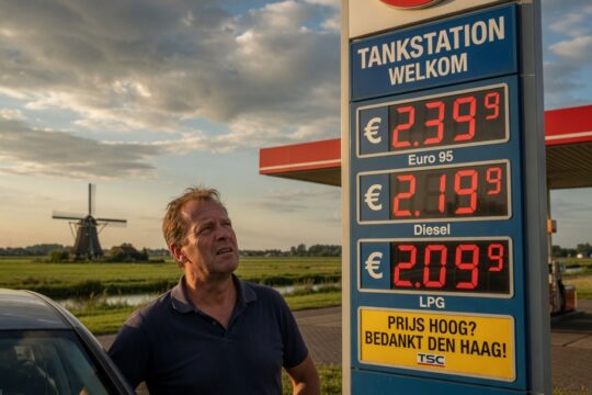 Man met gefrustreerde blik kijkt naar brandstofprijzen