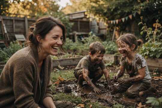 Moeder kijkt lachend toe hoe haar kinderen helemaal vies onder de modder in de tuin spelen – een ode aan vrij opgroeien