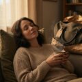 Vrouw die ontspannen met een kop koffie zit en nadenkt, met een reistas op de achtergrond, in een warme en rustige setting.