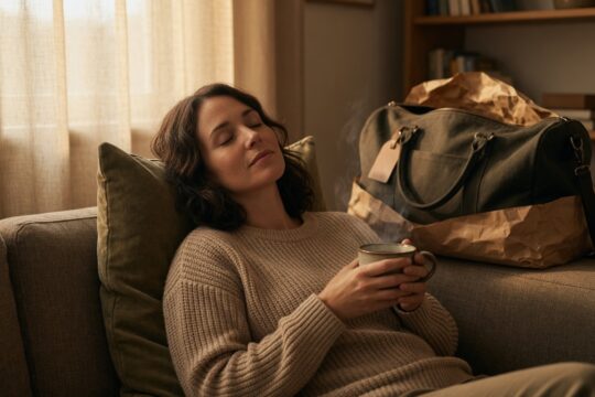Vrouw die ontspannen met een kop koffie zit en nadenkt, met een reistas op de achtergrond, in een warme en rustige setting.