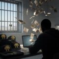 Man van achteren in Nederlandse gevangeniscel werkt achter laptop aan webshop met T-shirts van de gestolen gouden helm van Cotofenesti, geld stroomt binnen