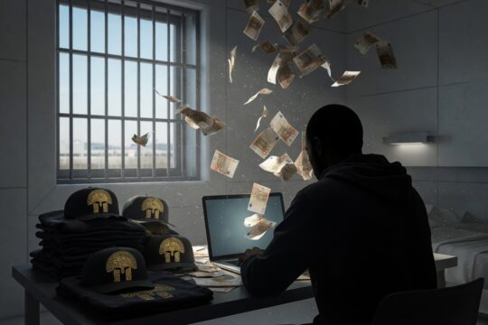 Man van achteren in Nederlandse gevangeniscel werkt achter laptop aan webshop met T-shirts van de gestolen gouden helm van Cotofenesti, geld stroomt binnen