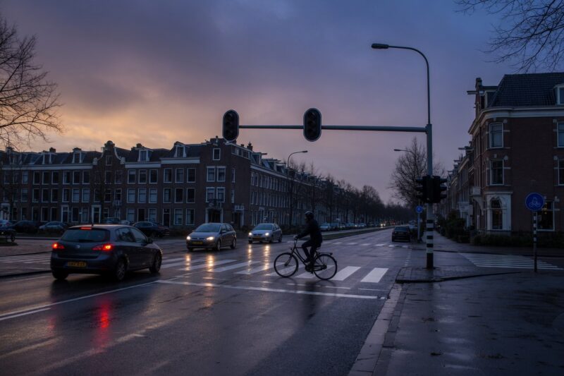 Uitgeschakelde verkeerslichten op een Nederlands kruispunt tijdens de schemering, veroorzaakt door overbelasting van het stroomnet.