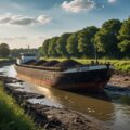Binnenvaartschip vaart laag in het water door laagwater in een Nederlands kanaal, symbool voor het huidige watertekort in 2026