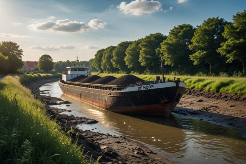 Binnenvaartschip vaart laag in het water door laagwater in een Nederlands kanaal, symbool voor het huidige watertekort in 2026
