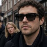 Man met een slimme camerabril in een Nederlandse winkelstraat, twee voorbijgangers kijken wantrouwend naar de bril