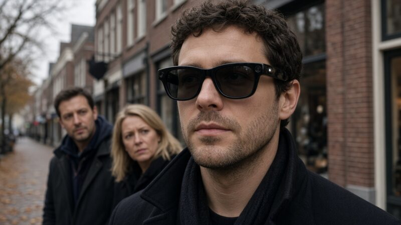 Man met een slimme camerabril in een Nederlandse winkelstraat, twee voorbijgangers kijken wantrouwend naar de bril