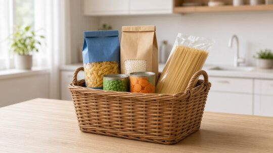 Een gevulde boodschappenmand met pakken pasta, rijst en groenteconserven op een keukentafel bij helder daglicht, als beeld bij A-merken en huismerken.