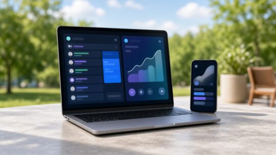 Laptop op een bureau thuis met een geopende mailbox en een bankapp op een telefoon ernaast, als beeld bij de risico's van een AI-agent zonder toezicht.