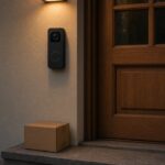 Moderne videodeurbel naast een houten voordeur in de schemering met een pakketje op de stoep, als beeld bij de nieuwe videodeurbel.