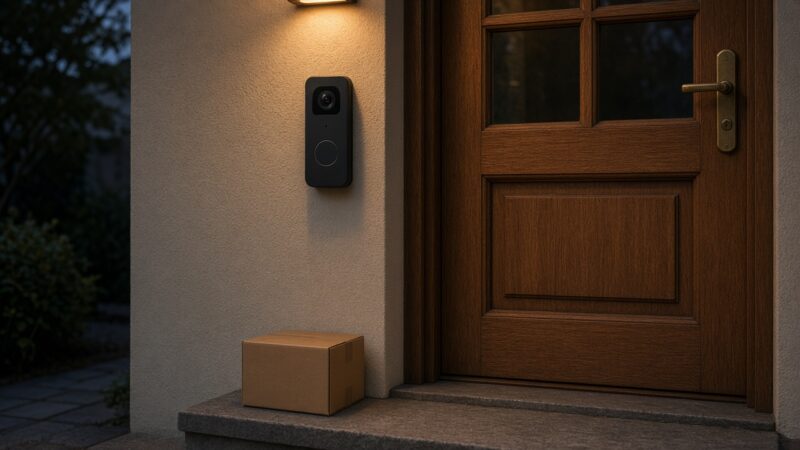 Moderne videodeurbel naast een houten voordeur in de schemering met een pakketje op de stoep, als beeld bij de nieuwe videodeurbel.