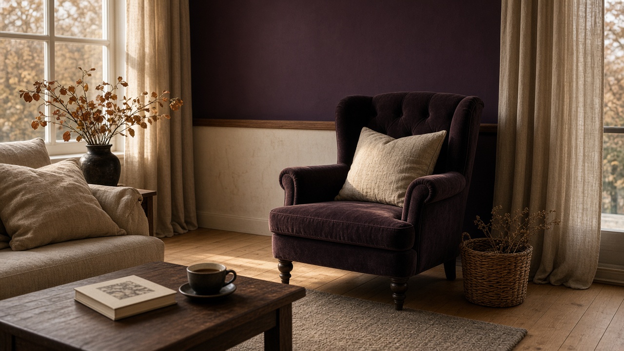 Aubergine fluwelen fauteuil voor een donkere aubergine wand