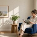 Vrouw leest in een blauwe fauteuil voor een wand met rustig linnenachtig behang in een zonnige woonkamer