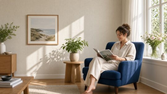 Vrouw leest in een blauwe fauteuil voor een wand met rustig linnenachtig behang in een zonnige woonkamer