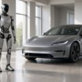 Mensachtige robot met zilvergrijze behuizing staat naast een elektrische auto in een lichte autoshowroom.