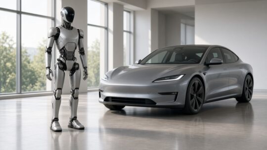 Mensachtige robot met zilvergrijze behuizing staat naast een elektrische auto in een lichte autoshowroom.