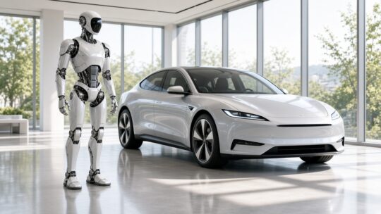 Witte mensachtige robot naast een witte elektrische auto in een lichte showroom