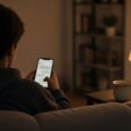 Tiener van achteren gezien op de bank met een smartphone met een chatvenster, als beeld bij de vraag of een chatbot veilig is voor je kind.