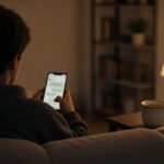 Tiener van achteren gezien op de bank met een smartphone met een chatvenster, als beeld bij de vraag of een chatbot veilig is voor je kind.